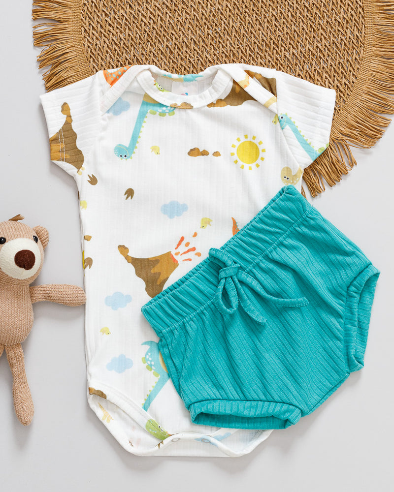 Conjunto Body e Tapa Fralda Canelado Bebê Estampado Dino Vulcão