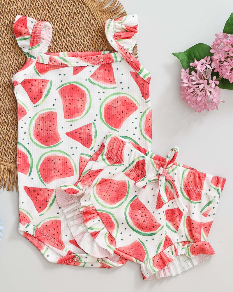 Conjunto Body Regata Babado e Tapa Fralda Doce Melancia