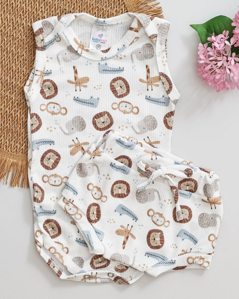 Conjunto Body Regata e Tapa Fralda Bebê Safari Divertido