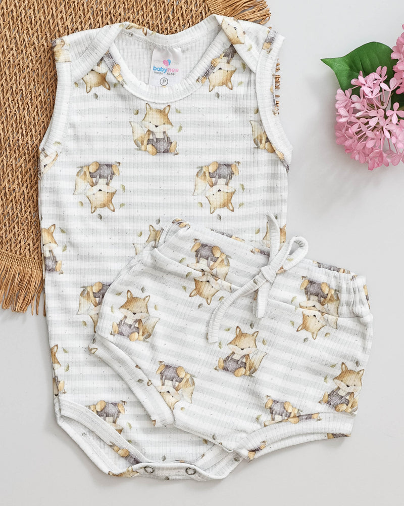 Conjunto Body Regata Listrada e Tapa Fralda Raposinha Bebê