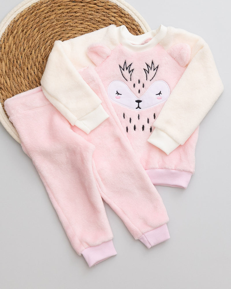 Conjunto Fleece Bordado Bichinho Com Calça Rosa Claro