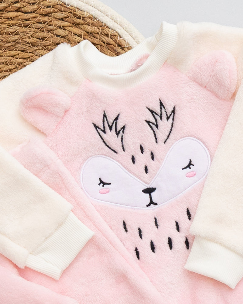 Conjunto Fleece Bordado Bichinho Com Calça Rosa Claro