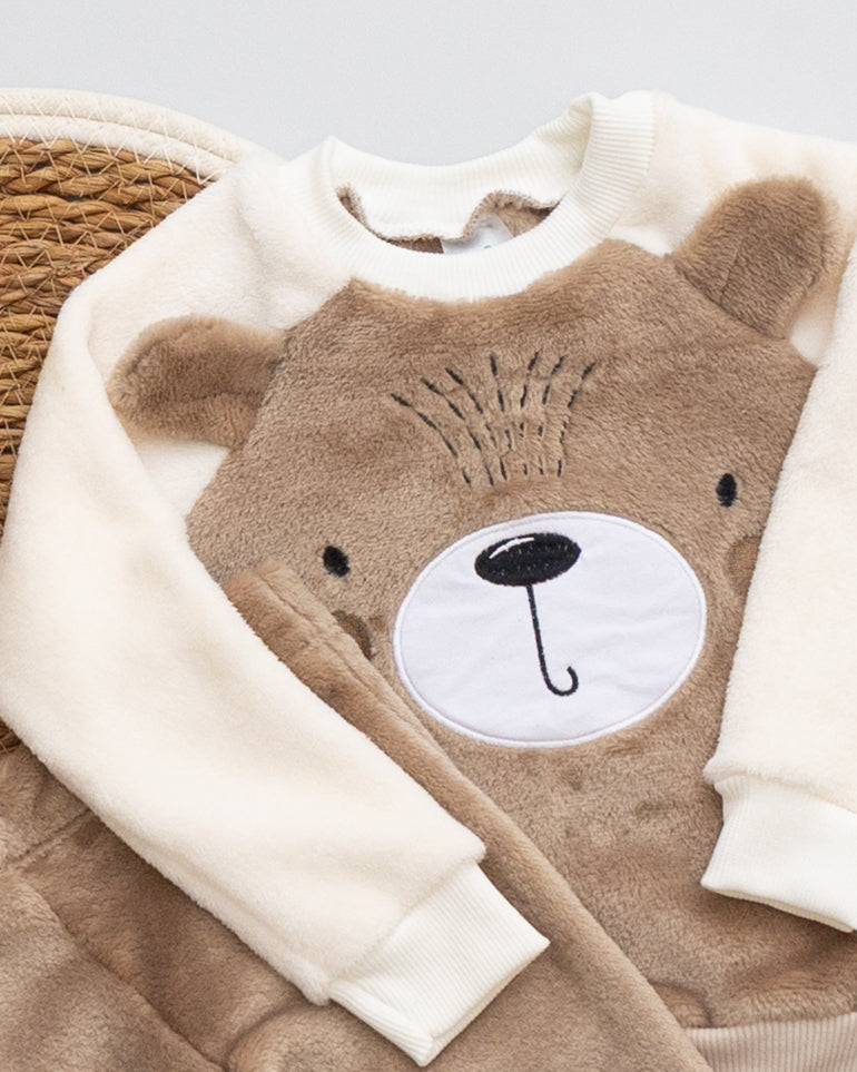 Conjunto Fleece Bordado Ursinho Com Calça Marrom