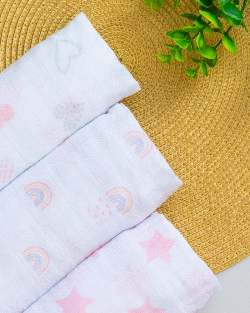 Kit 3 Fraldão Estampado Rosa Estrela e Arco-íris