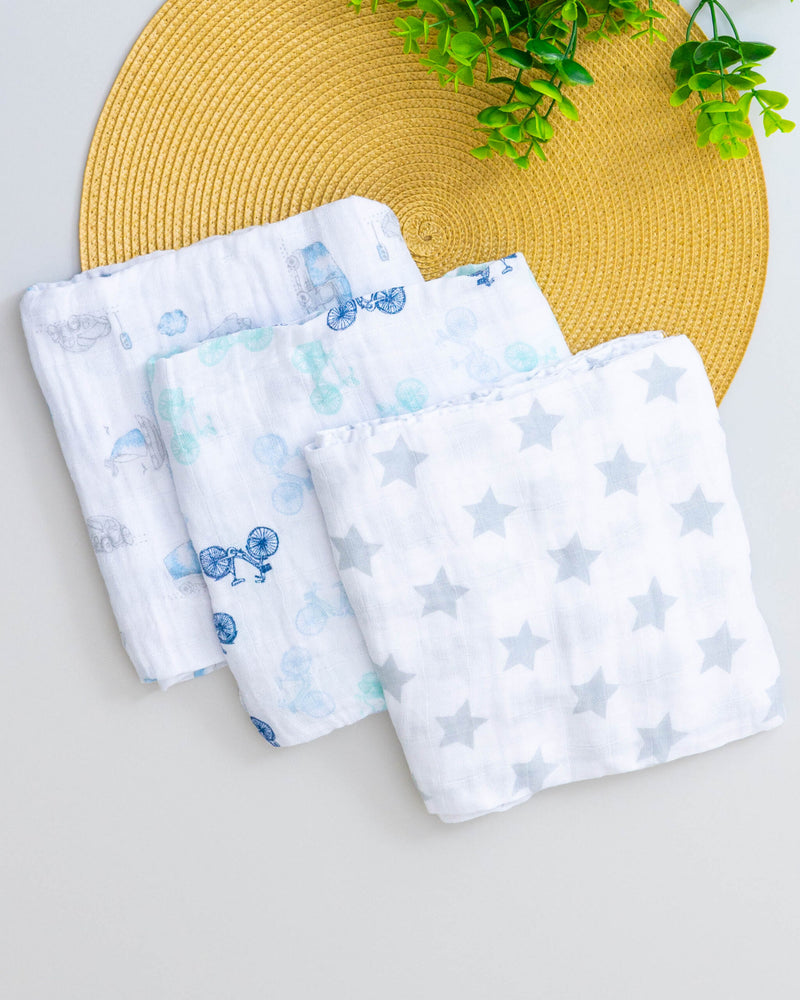 Kit 3 Fraldão Estampado Carrinho, Estrelinha Cinza e Bicicleta