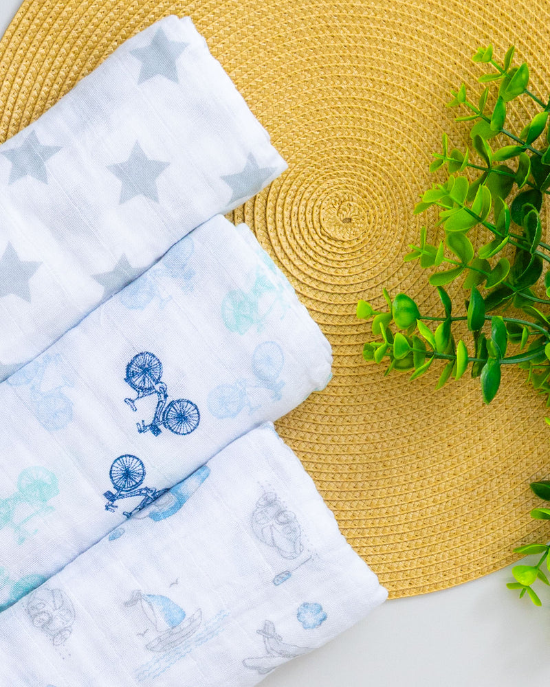 Kit 3 Fraldão Estampado Carrinho, Estrelinha Cinza e Bicicleta