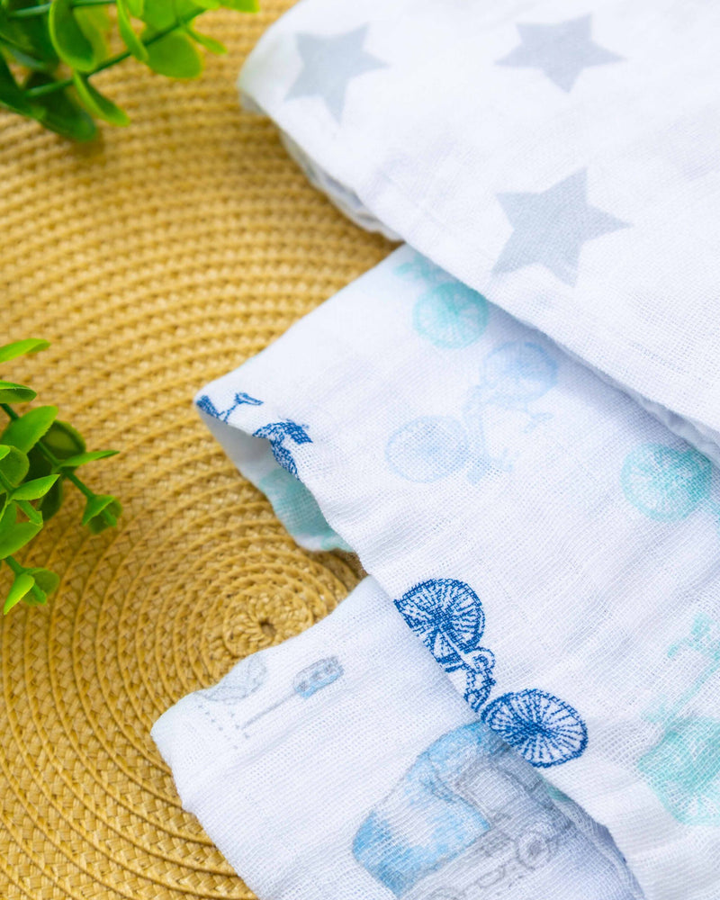 Kit 3 Fraldão Estampado Carrinho, Estrelinha Cinza e Bicicleta