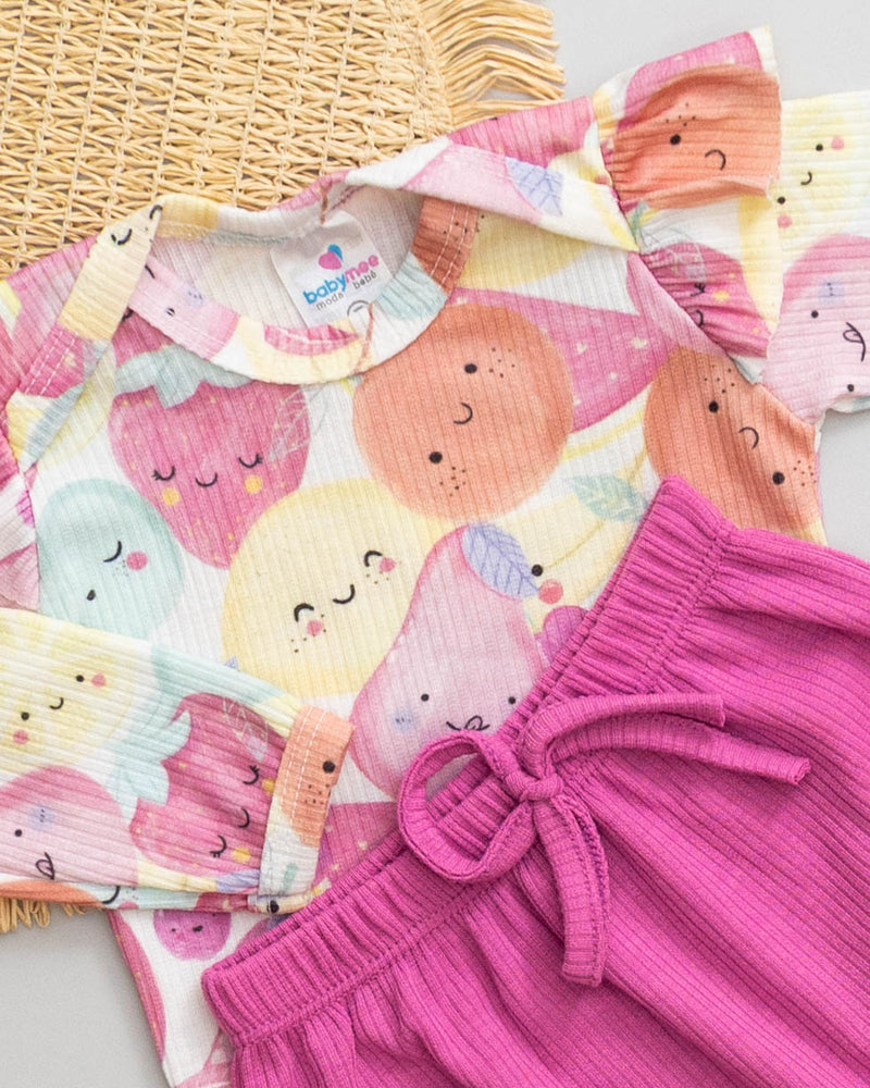 Conjunto Body Babado Estampado Frutinha e Calça Bebê Rosa Canelada