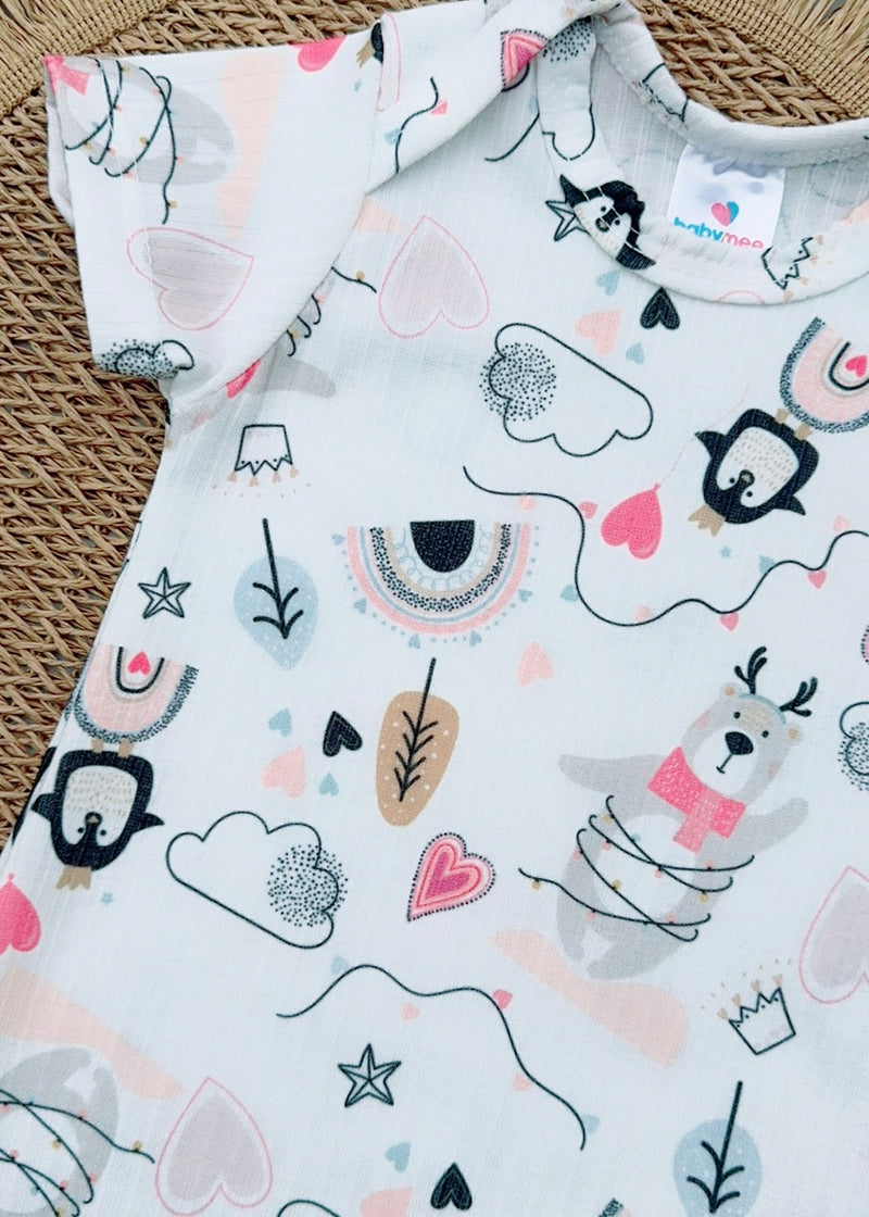 Macacão Curto Bebê Romper Canelado Estampado Pinguim