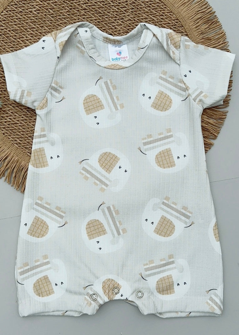 Macacão Curto Bebê Romper Canelado Estampado Elefantinho