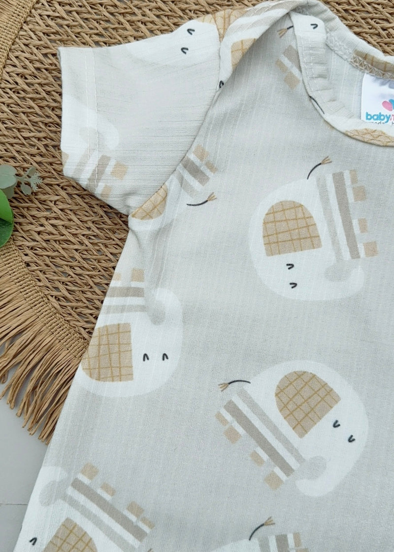 Macacão Curto Bebê Romper Canelado Estampado Elefantinho