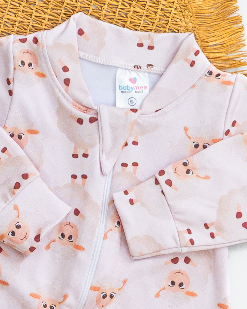 Macacão Bebê Térmico Bege Estampado Ovelhinha