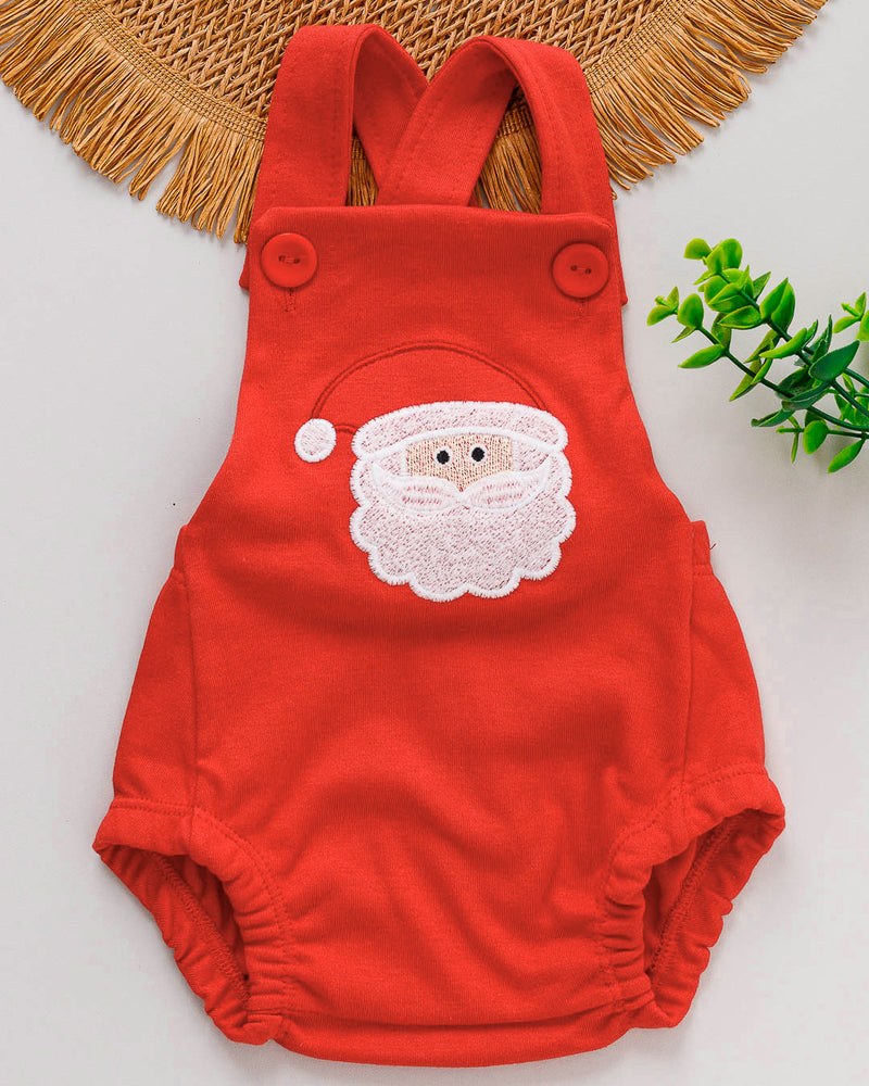 Jardineira Bebê Romper Natal Suedine Vermelho Bordado Papai Noel