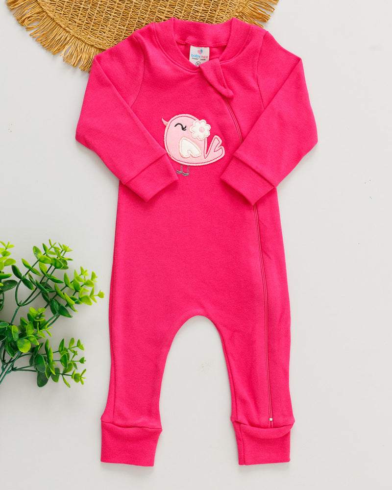 Macacão Bebê Suedine Rosa Pink Bordado Passarinho
