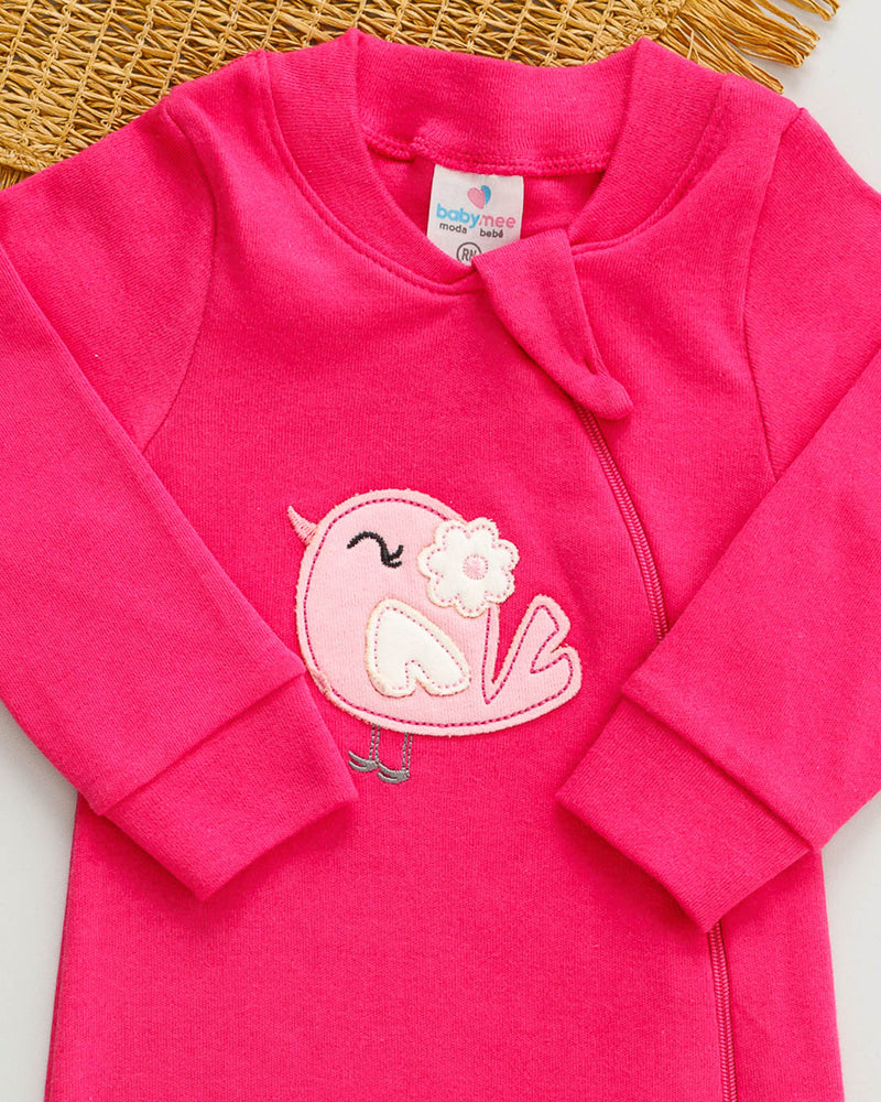 Macacão Bebê Suedine Rosa Pink Bordado Passarinho