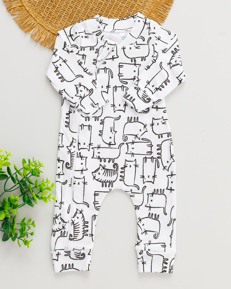 Macacão Bebê Suedine Estampado Gatinho Preto