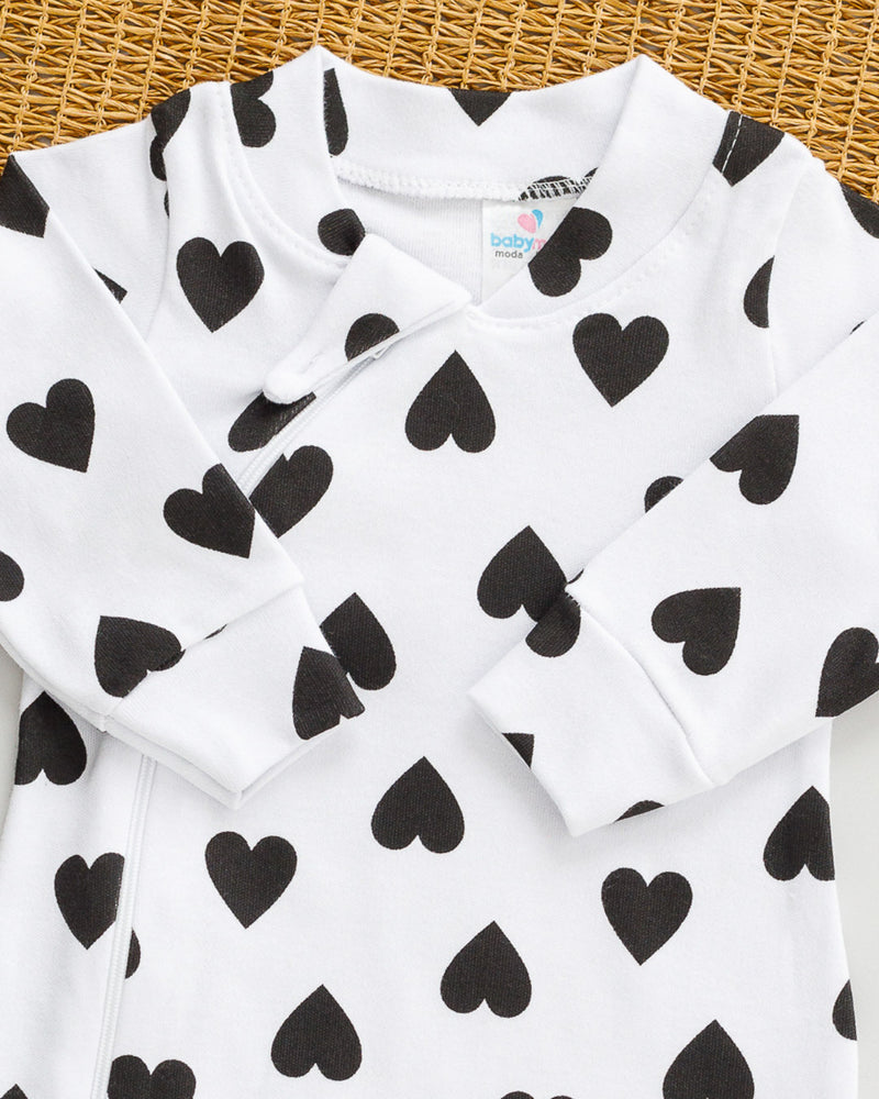 Macacão Bebê Suedine Estampado Coração Preto