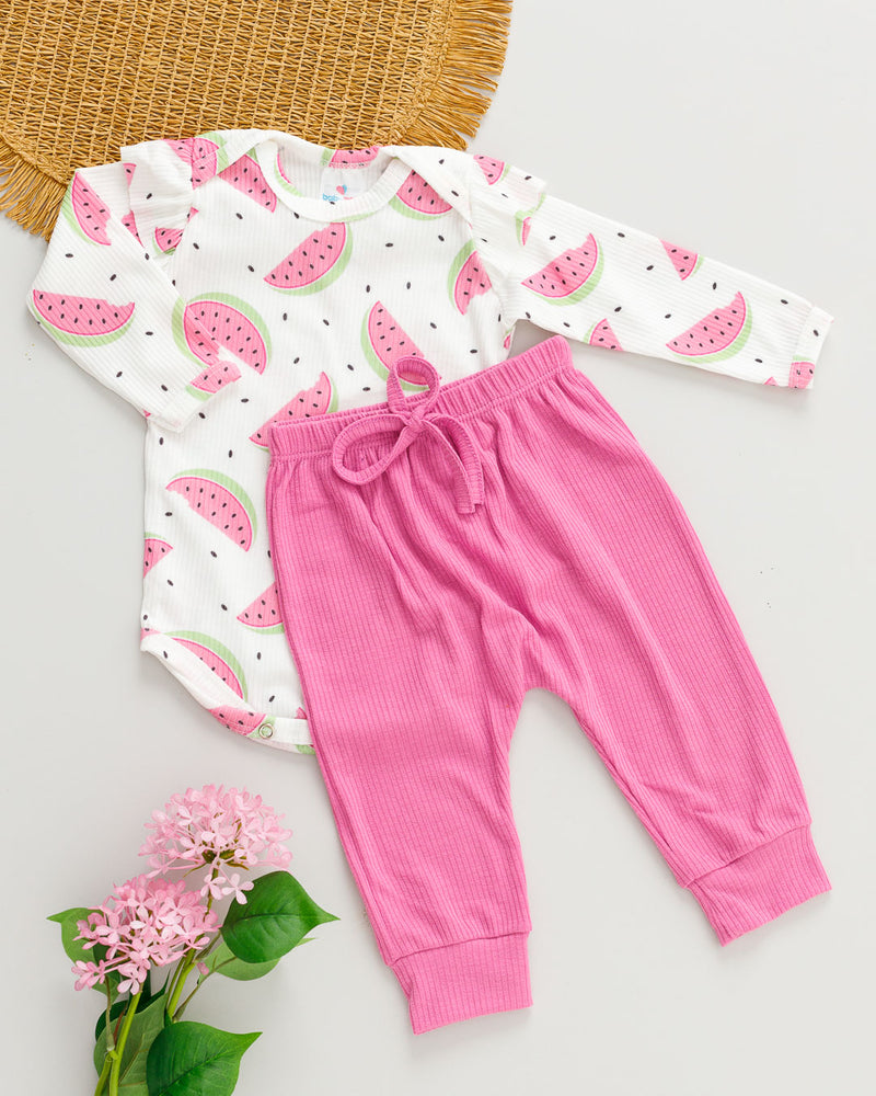 Conjunto Body Babado Estampado Melancia e Calça Bebê Rosa Canelada