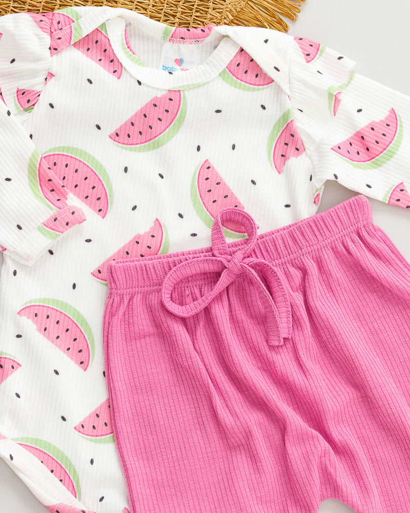 Conjunto Body Babado Estampado Melancia e Calça Bebê Rosa Canelada