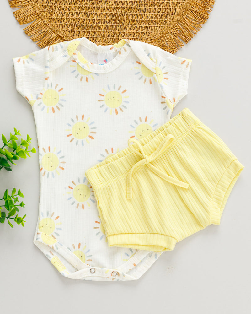 Conjunto Body e Tapa Fralda Canelado Bebê Estampado Sol