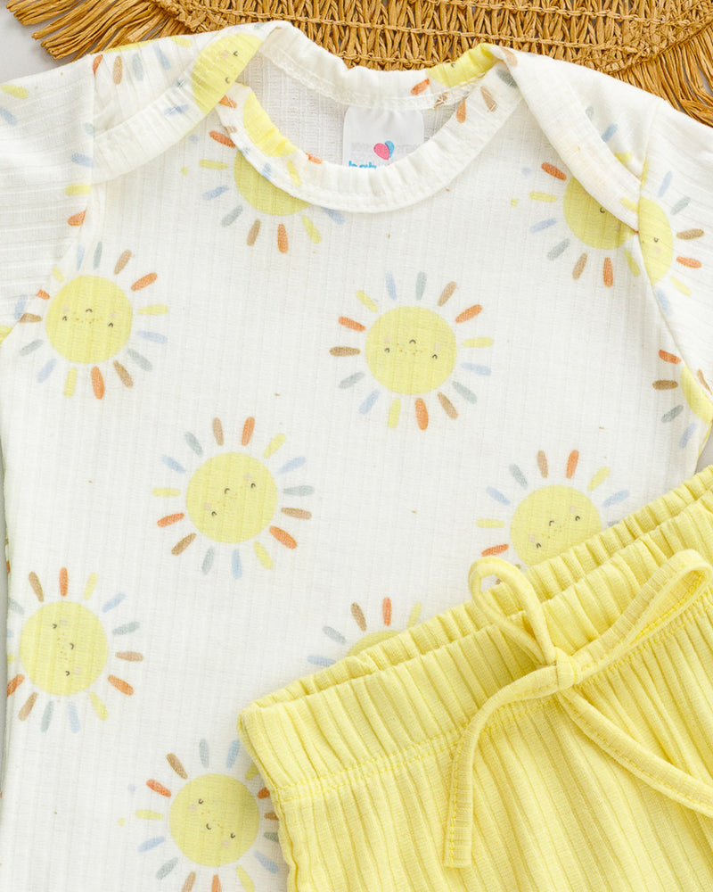 Conjunto Body e Tapa Fralda Canelado Bebê Estampado Sol