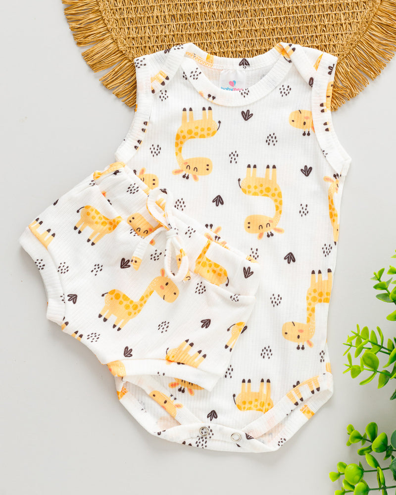 Conjunto Body Regata e Tapa Fralda Canelado Bebê Girafinha Branco