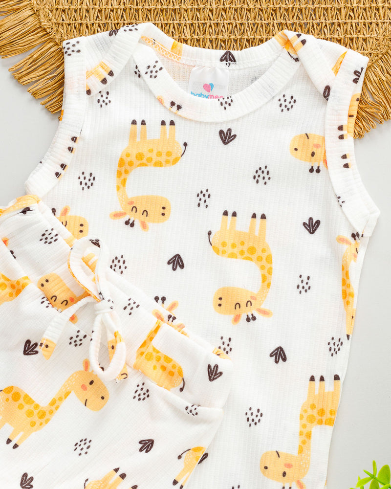 Conjunto Body Regata e Tapa Fralda Canelado Bebê Girafinha Branco