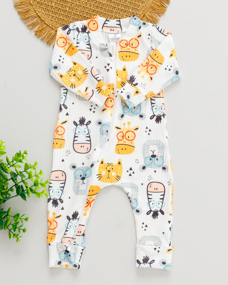 Macacão Bebê Canelado Branco Estampado Bichinhos Óculos