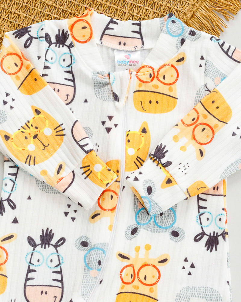 Macacão Bebê Canelado Branco Estampado Bichinhos Óculos