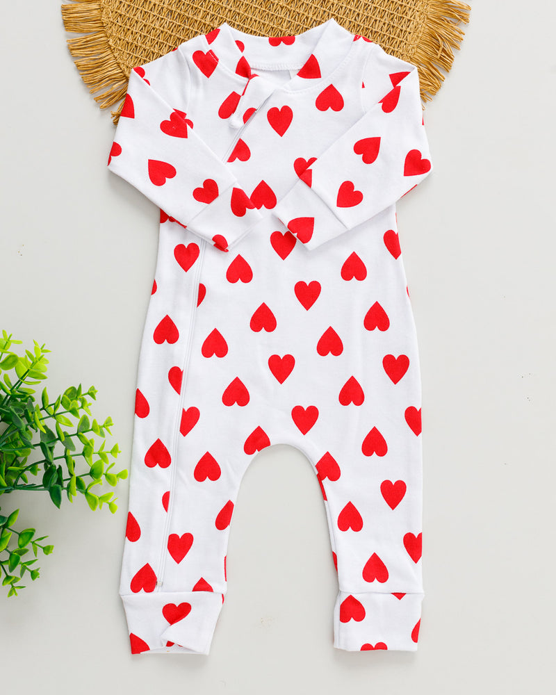 Macacão Bebê Suedine Estampado Coração Vermelho