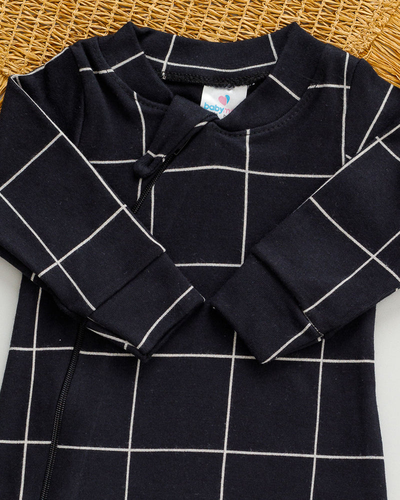 Macacão Bebê Suedine Preto Estampado Quadriculado