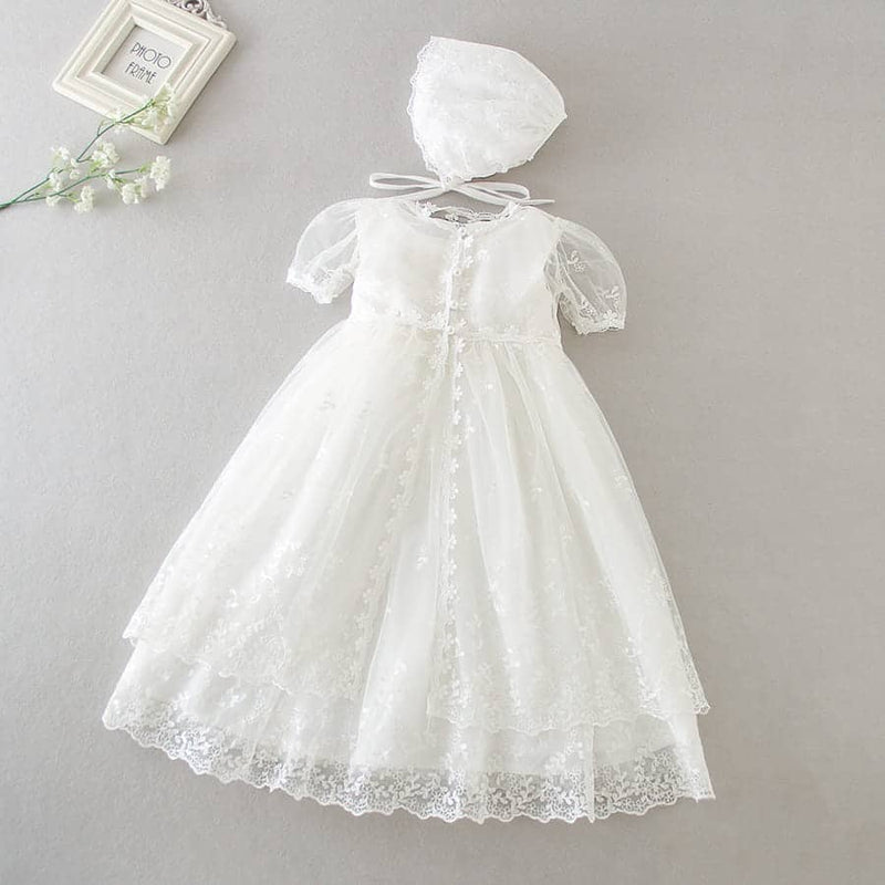 Vestido de Batizado Mandrião com Capa de Renda e Touca Premium