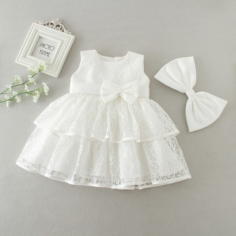 Vestido de Batizado Renda Camadas com Laço Removível Premium