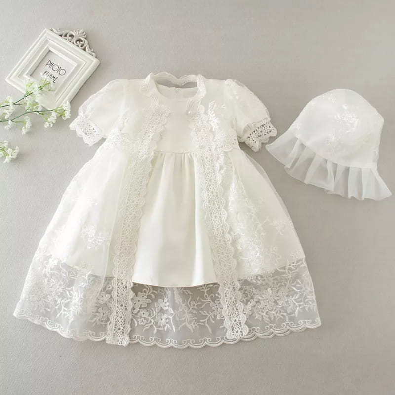 Vestido de Batizado com Capa Bordado Premium 3 peças Branco