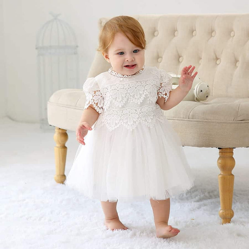 Vestido de Batizado Manga Curta com Bordado Renda Gripier Premium