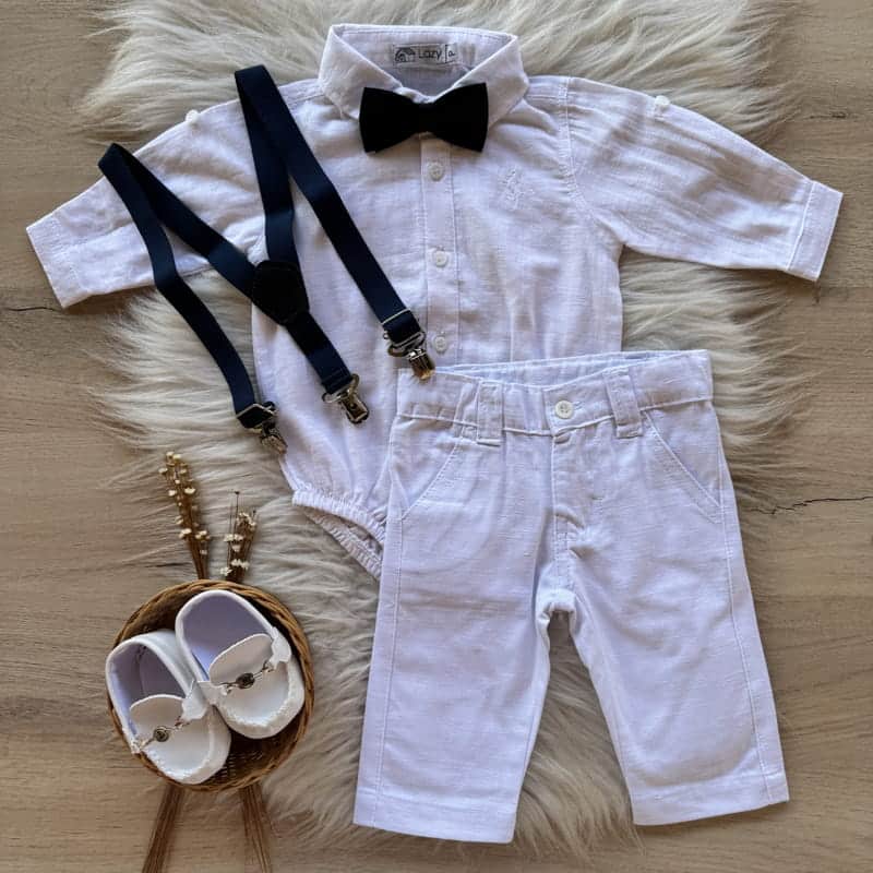 Conjunto Batizado Premium Body Camisa, Calça Branca, Gravata e Suspensório Marinho