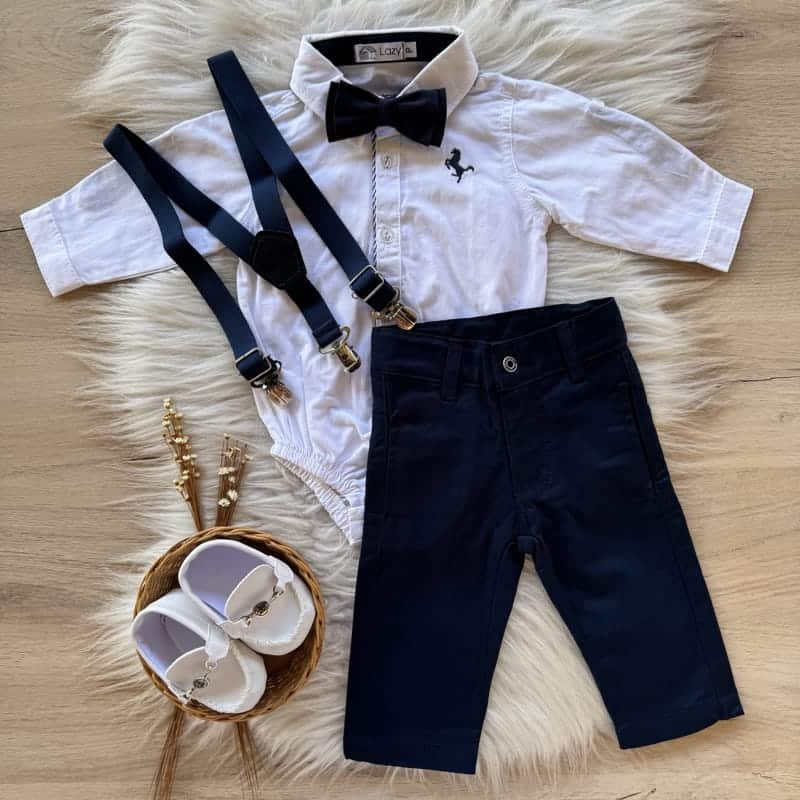 Conjunto Batizado Premium Body Camisa, Calça, Gravata e Suspensório Marinho