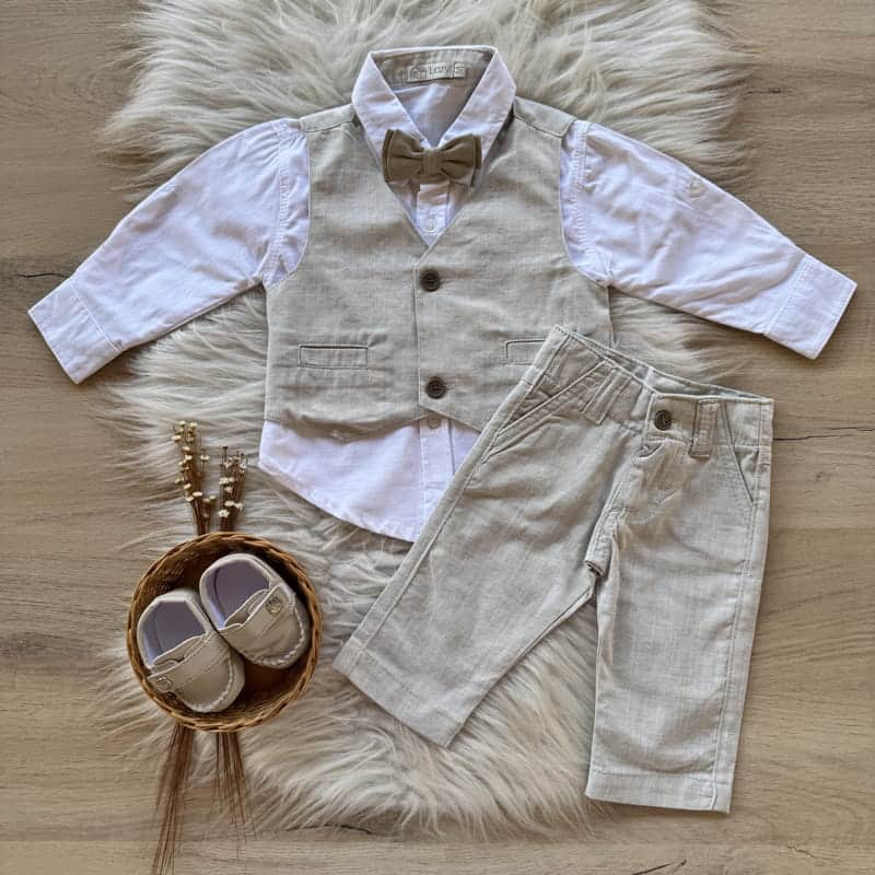 Conjunto Batizado Premium Camisa, Calça, Colete e Gravata Borboleta Linho