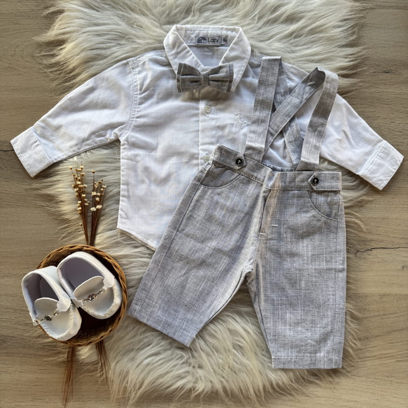 Conjunto Batizado Premium Camisa, Jardineira e Gravata Mescla