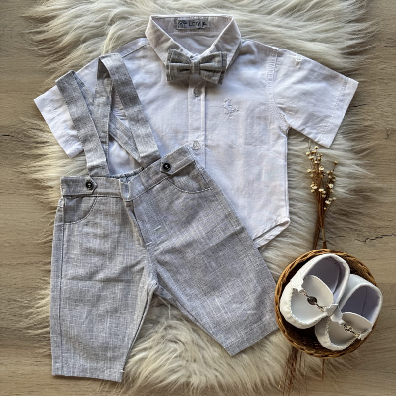Conjunto Batizado Premium Camisa Manga Curta, Jardineira e Gravata Mescla