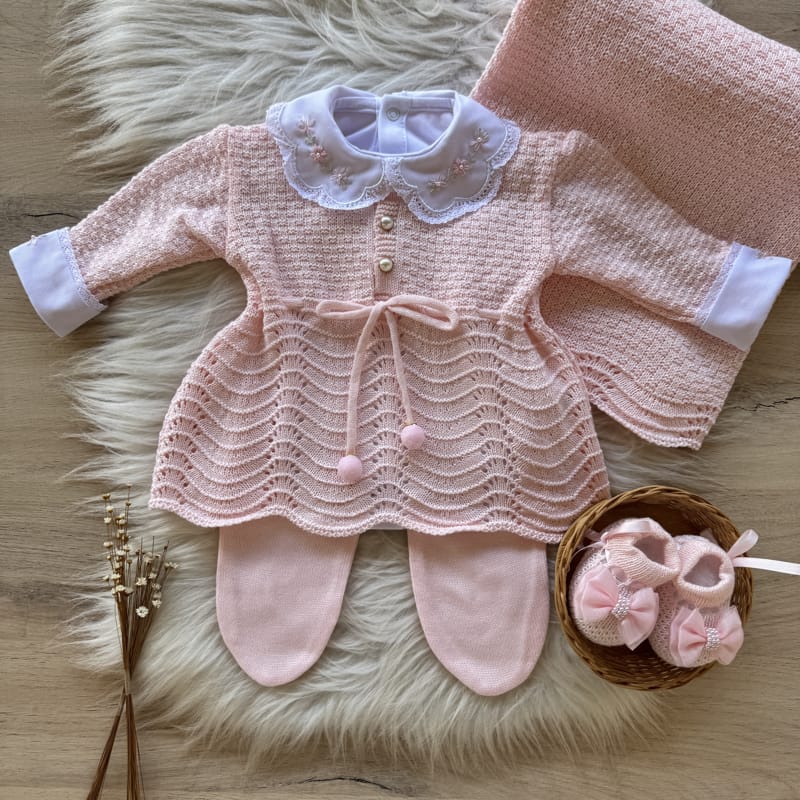 Saída Maternidade Lacinho Pompom 3 Peças Rosa Pó