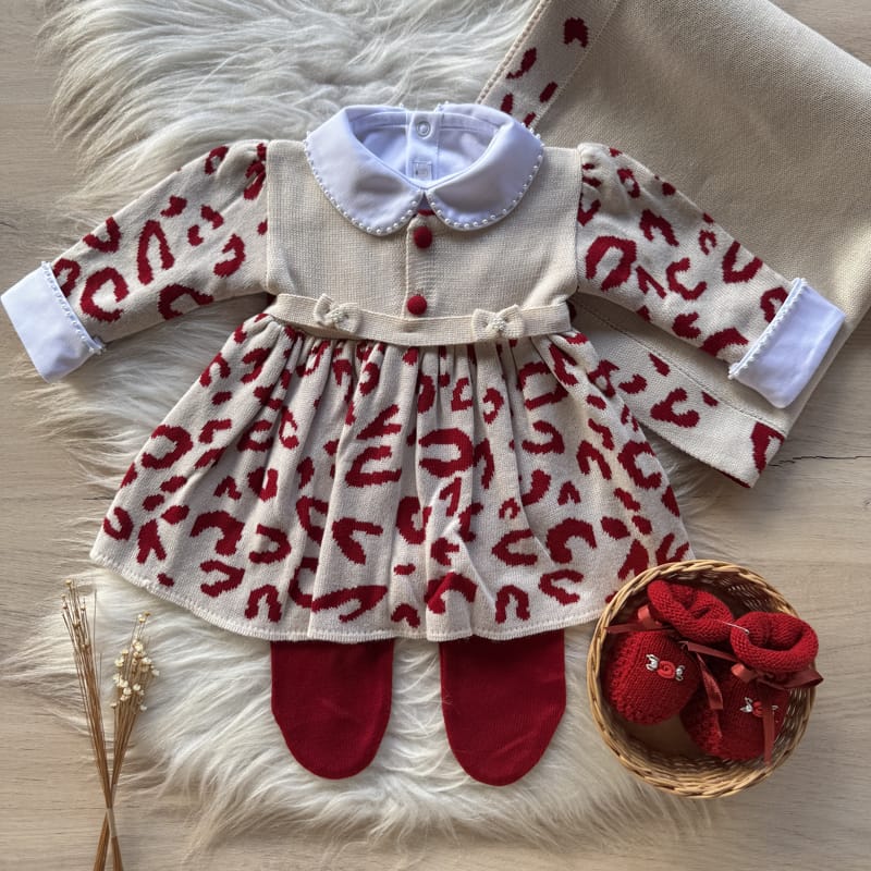 Saida Maternidade Laço e Botões Animal Print 3 Peças Bege e Vermelho