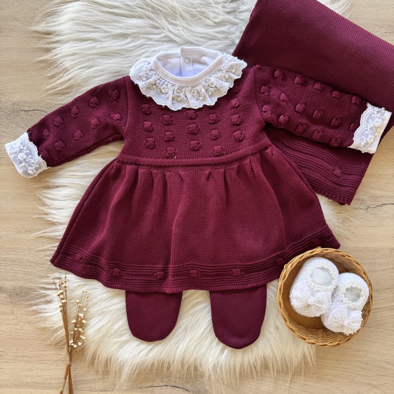 Saída Maternidade Vestido Detalhe Bolhas Calça e Manta Vinho